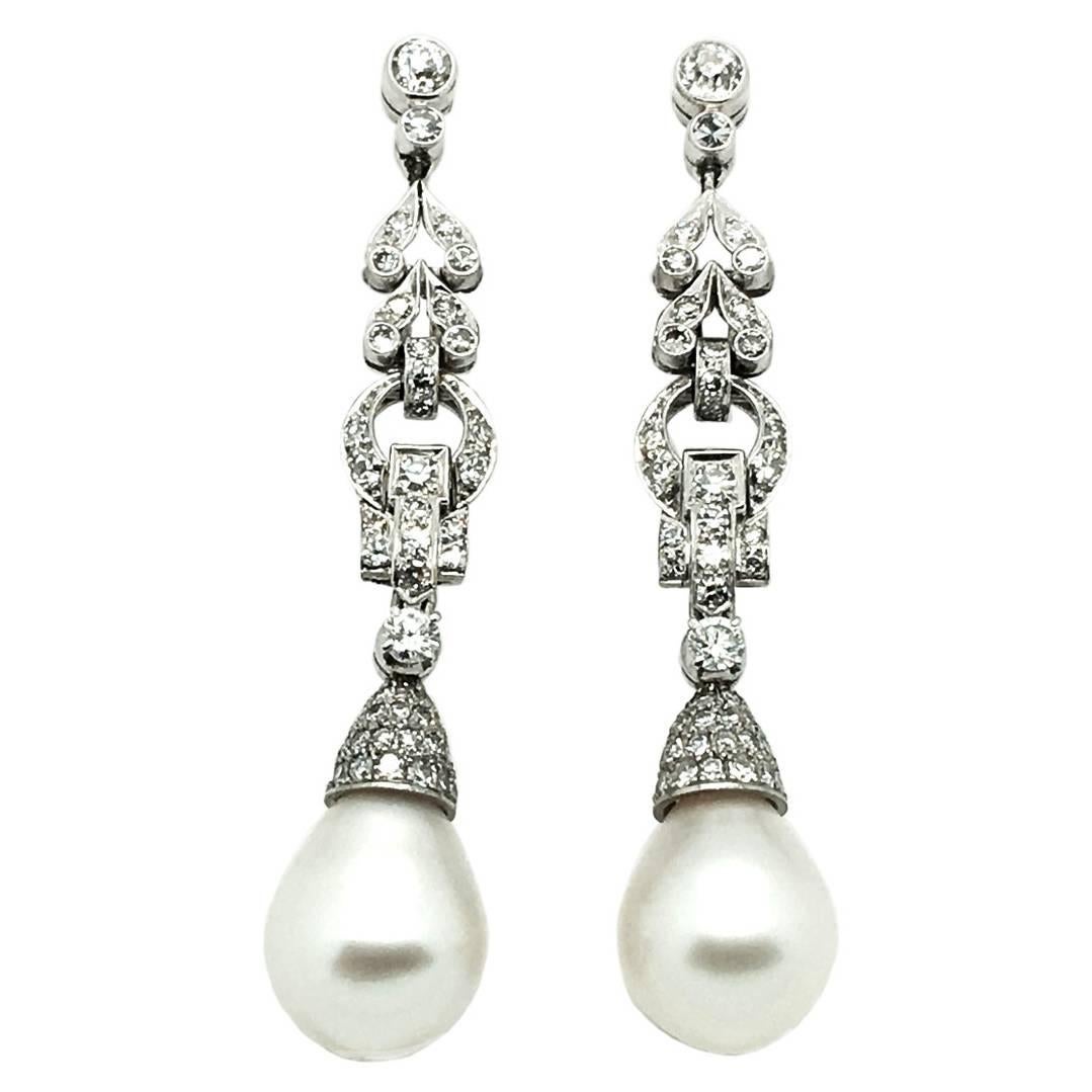 1960-70s Italian Pearl Diamond Platinum Earrings For Sale