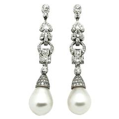 1960-70s Italian Pearl Diamond Platinum Earrings