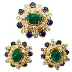 1970s Italian Emerald Sapphire Diamond Gold Earrings and Brooch Set