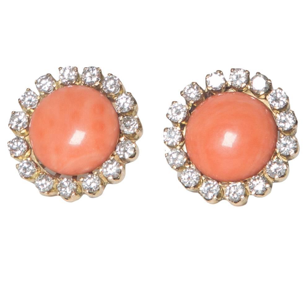 Diamond and Precious Coral Button Earrings For Sale