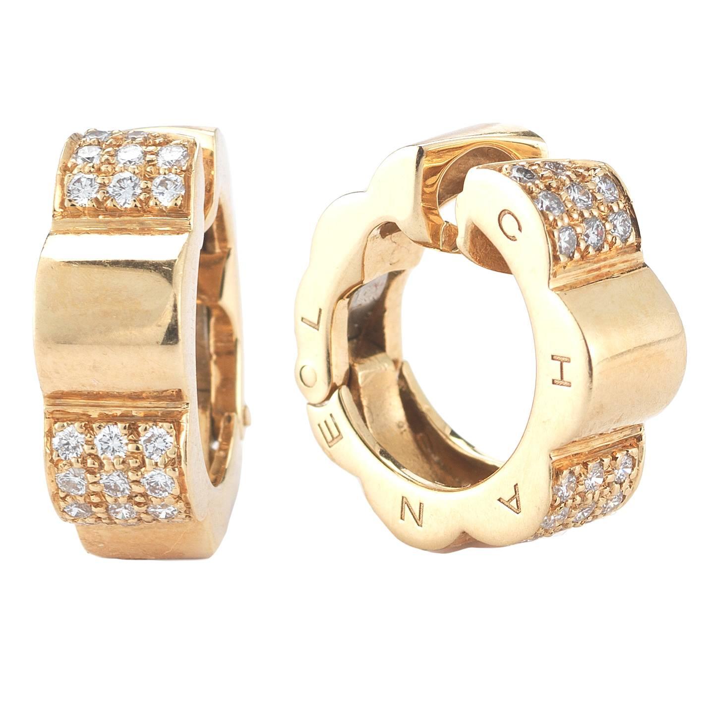 Chanel Diamond Gold Camellia Earrings For Sale