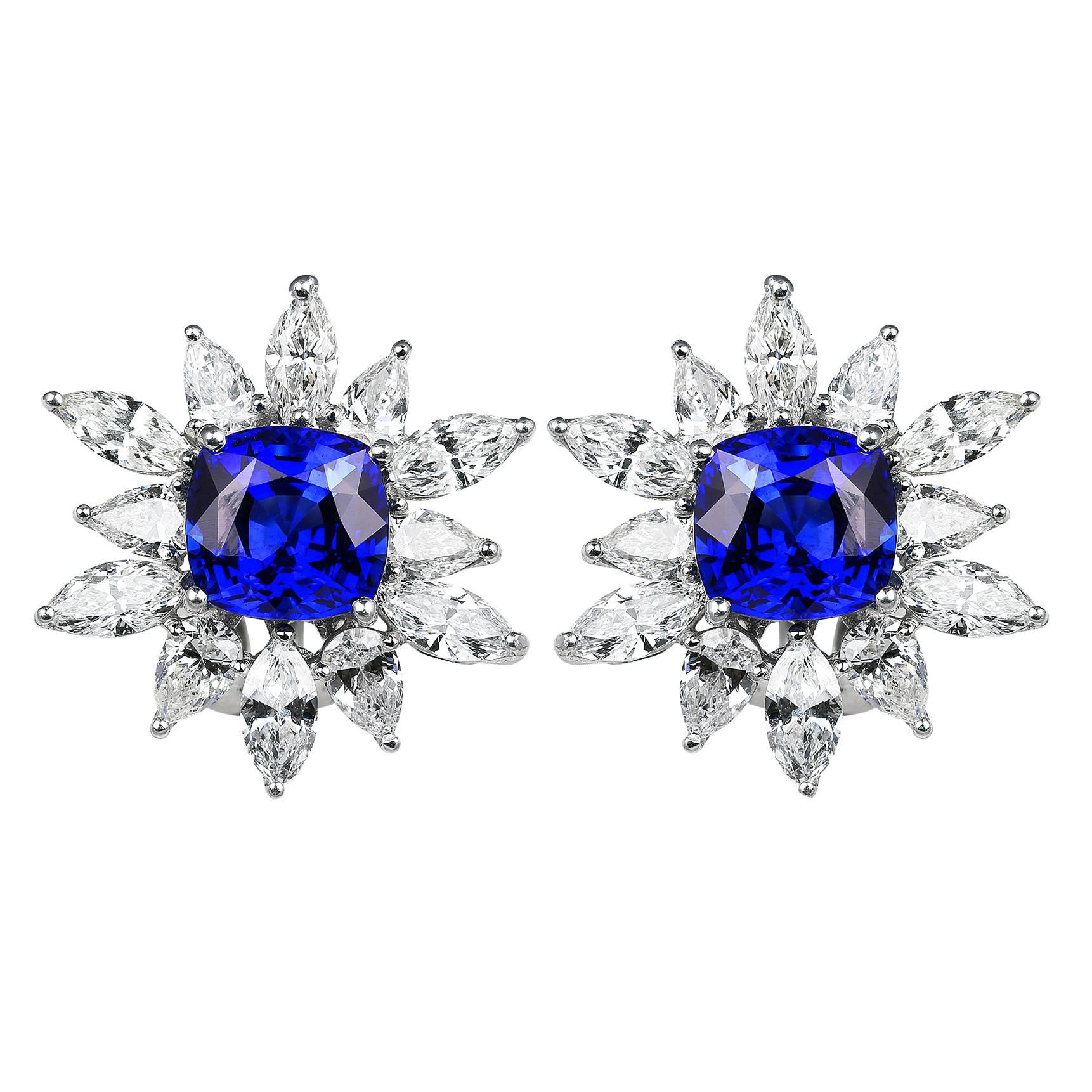 7.75 Carat Sapphire Diamond Platinum Cluster Earrings For Sale
