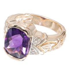 Retro Faceted Amethyst Diamond Gold Ring