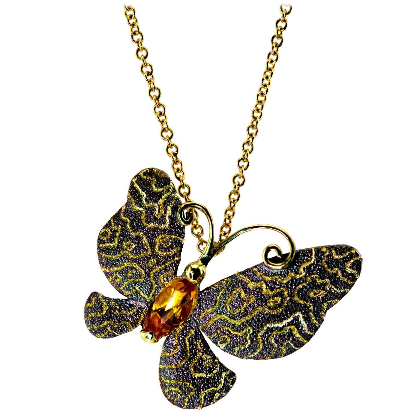 Alex Soldier Citrine Yellow Gold Butterfly Pendant Necklace Pin On Gold Chain 