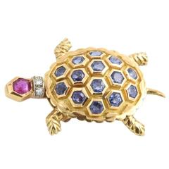 French Mechanical Ruby Sapphire Diamond Gold Turtle Brooch