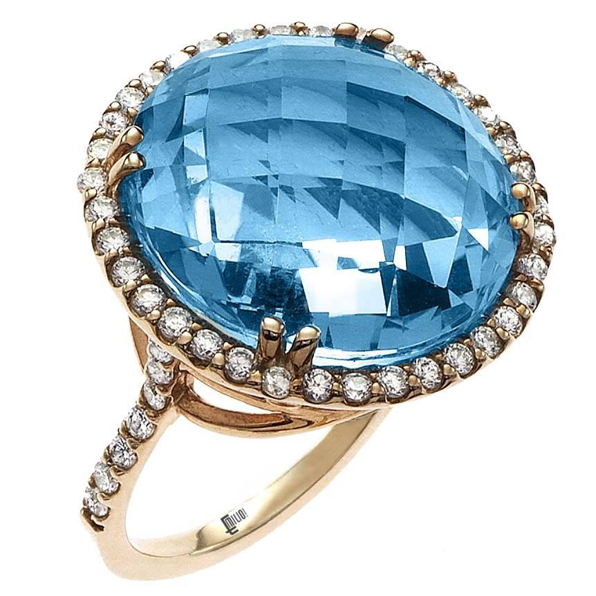 29.00 Carat Blue Topaz Diamond Gold Ring 