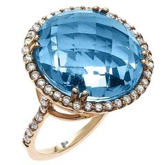 29.00 Carat Blue Topaz Diamond Gold Ring 