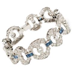 Art Deco Sapphire Diamond Platinum Link Bracelet 8