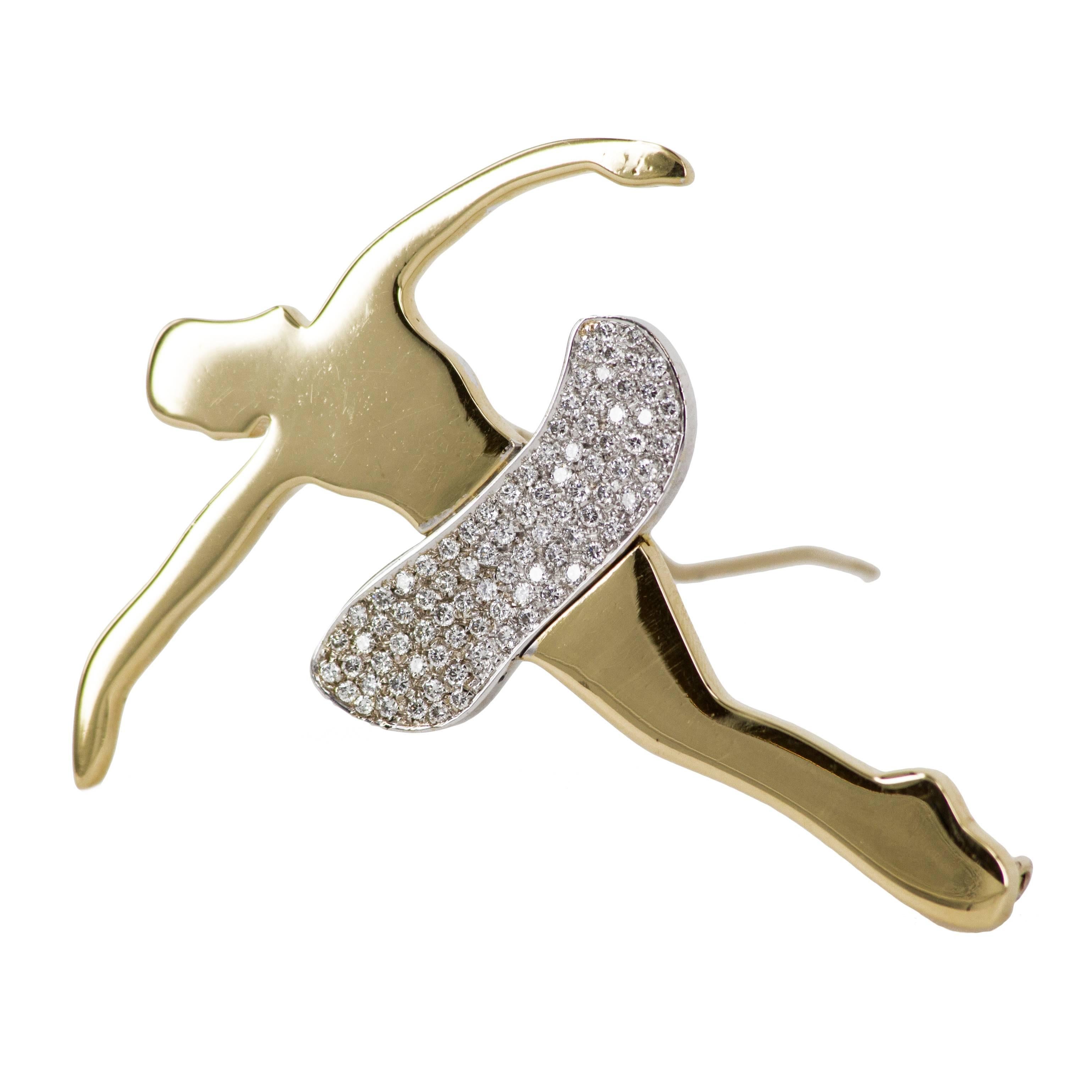 2000 Marco Lodola "Ballerina with Diamonds" Gold Brooch For Sale