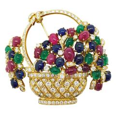 Vintage 1980s Italian Ruby Sapphire Emerald Diamond Gold Flower Basket Brooch