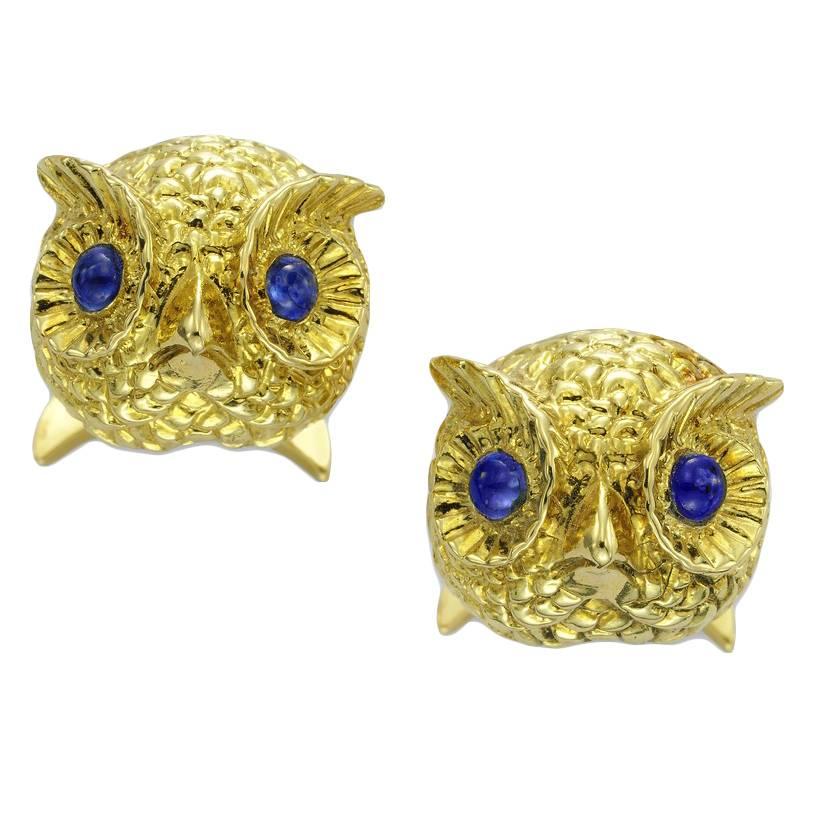 Lois Sasson Sapphire Gold Owl Cufflinks For Sale
