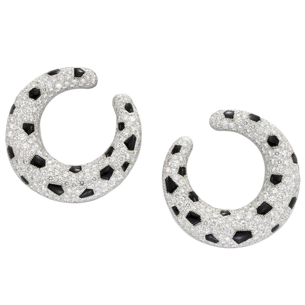 Cartier Diamond and Onyx ‘Panthere’ Hoop Earrings For Sale