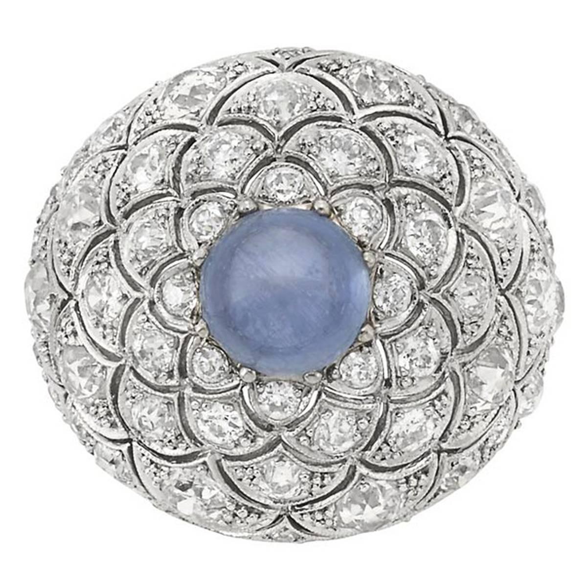 Rene Boivin Cabochon Sapphire Diamond ‘Ecailles’ Platinum Ring For Sale