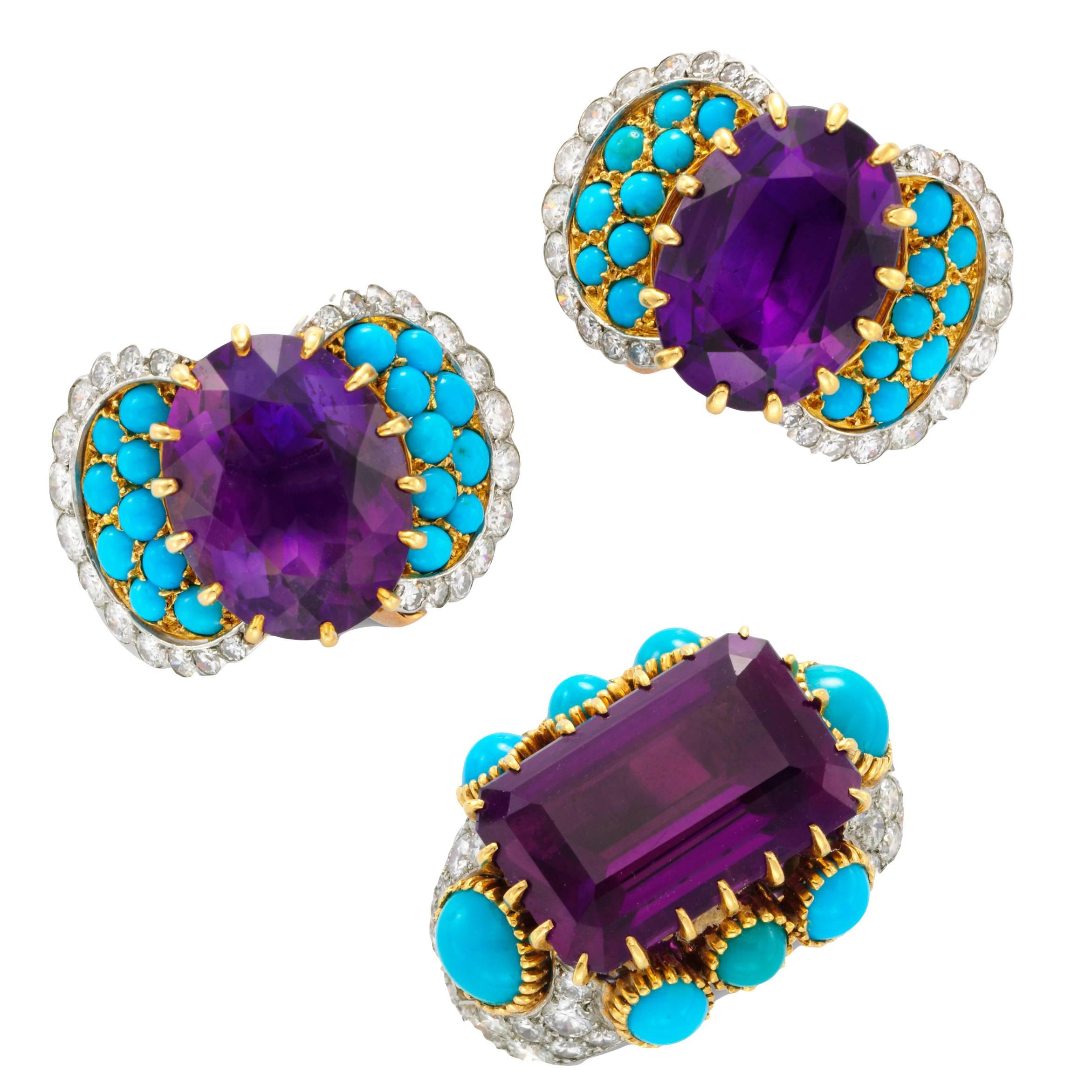 Cartier Amethyst Turquoise Diamond Ring Matching Ear Clips For Sale