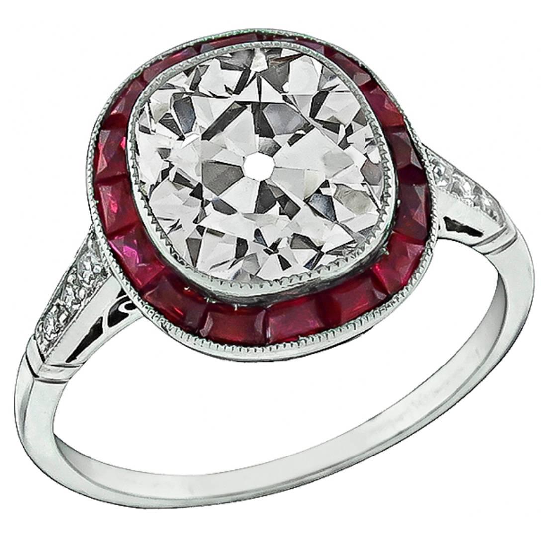 Remarkable 3.56 Carat Old Mine Brilliant Cut Diamond Ruby Platinum Halo Ring