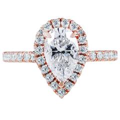 1.36 Carat GIA Cert Pear Shaped Diamond Gold Halo Engagement Ring