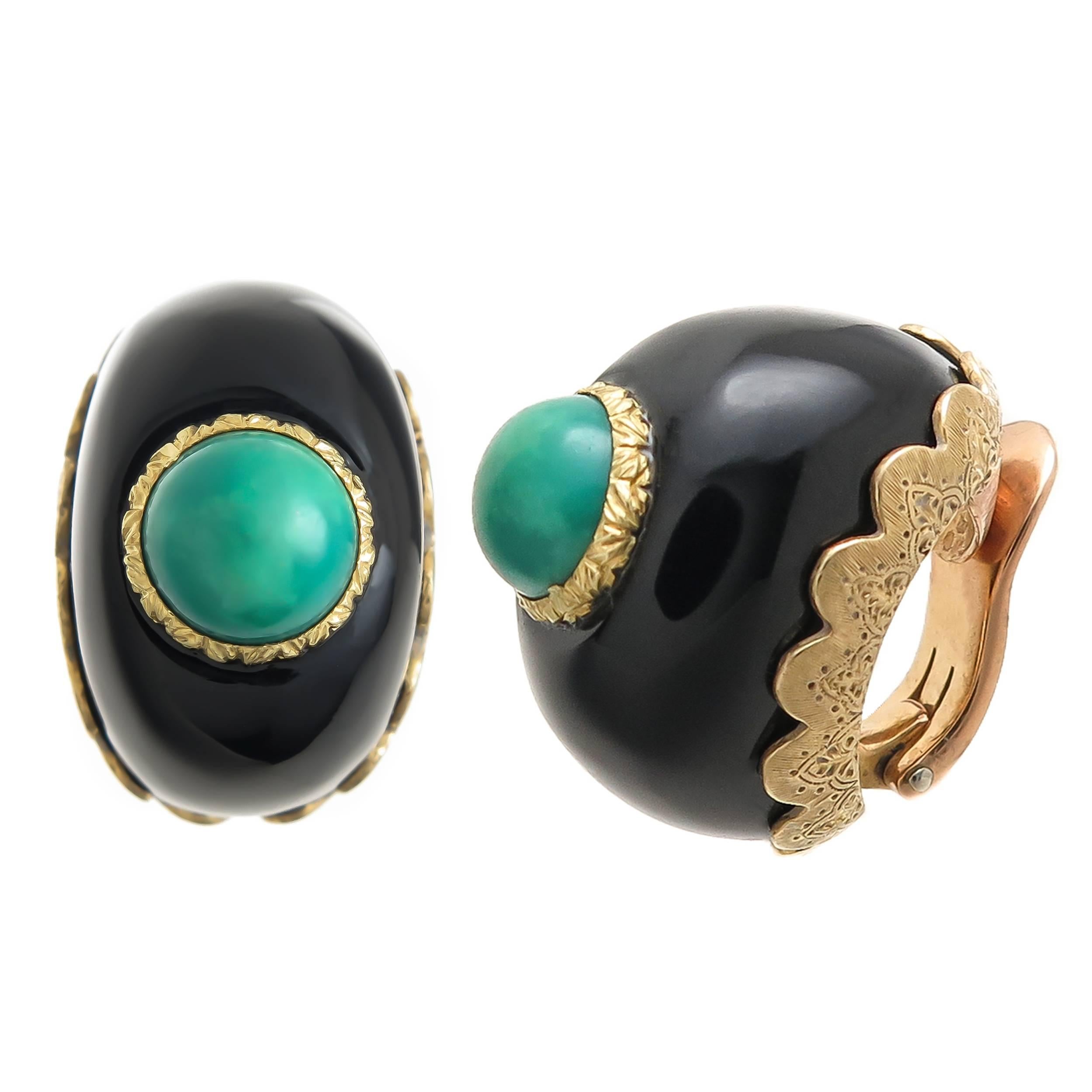 1970s Buccellati Black Onyx Turquoise Gold Earrings