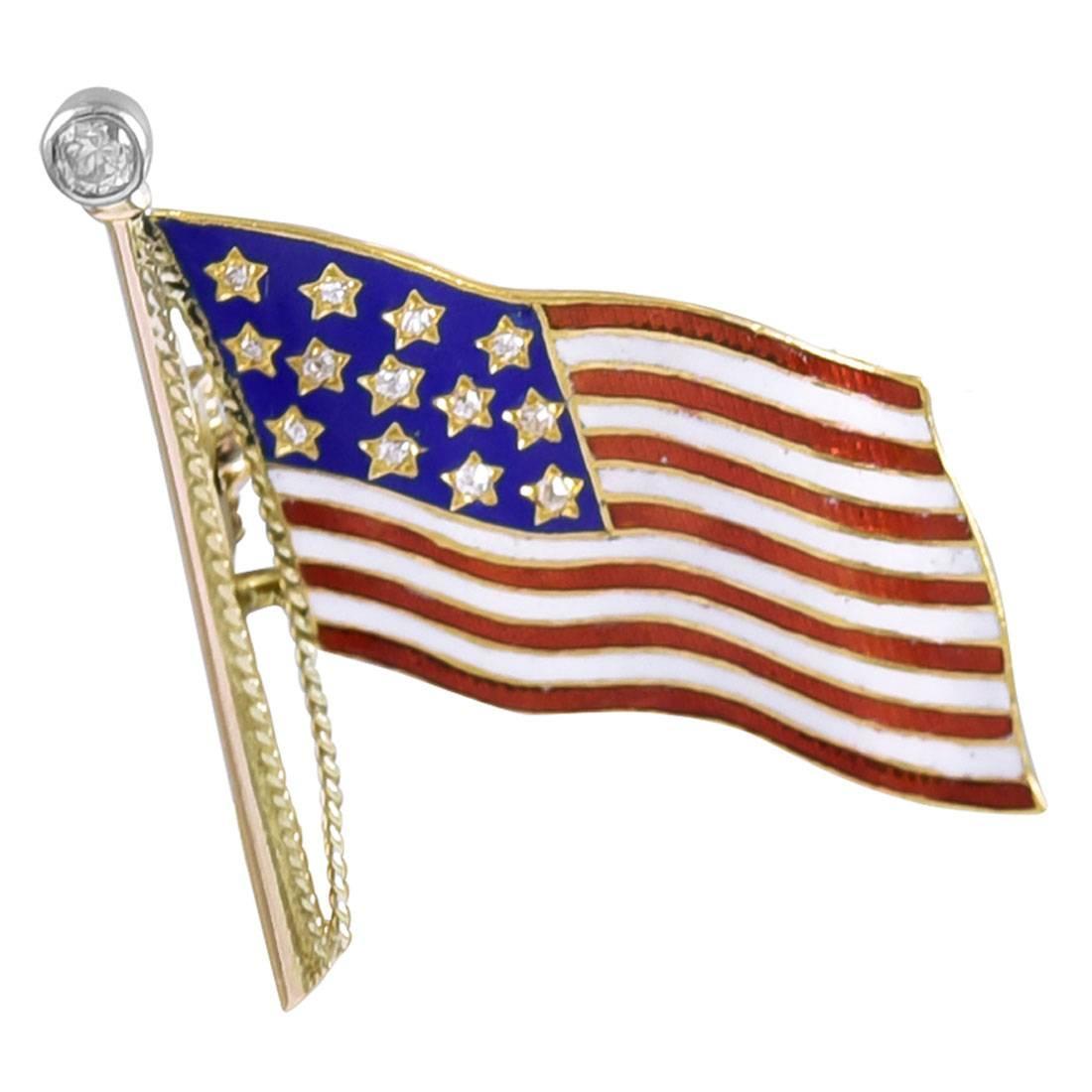 Enamel Diamond Gold American Flag Pin For Sale at 1stdibs