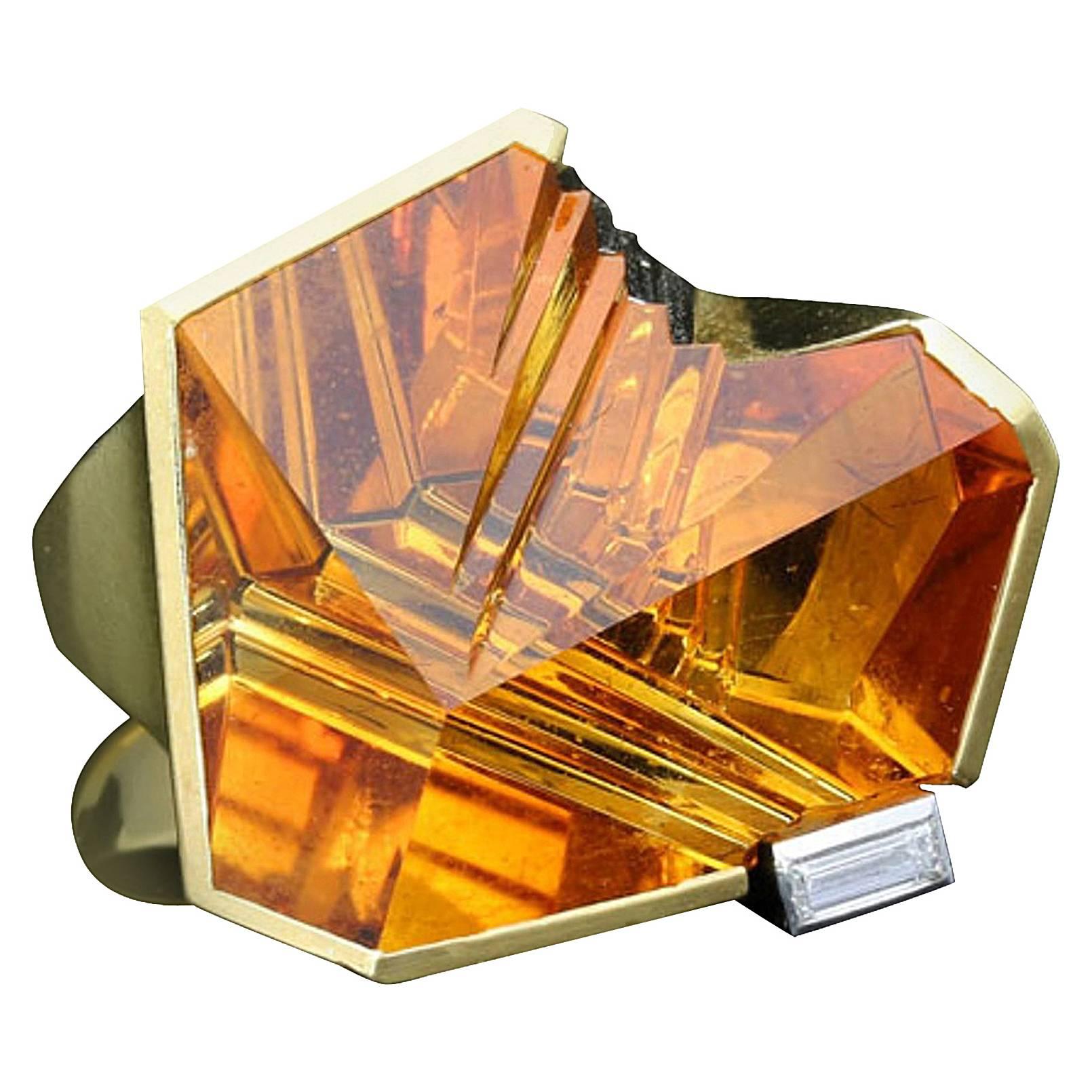 1980s Munsteiner Fantasy-Cut Citrine Gold Ring