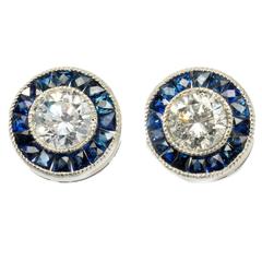Antique 1920s Sapphire Diamond Platinum Stud Earrings