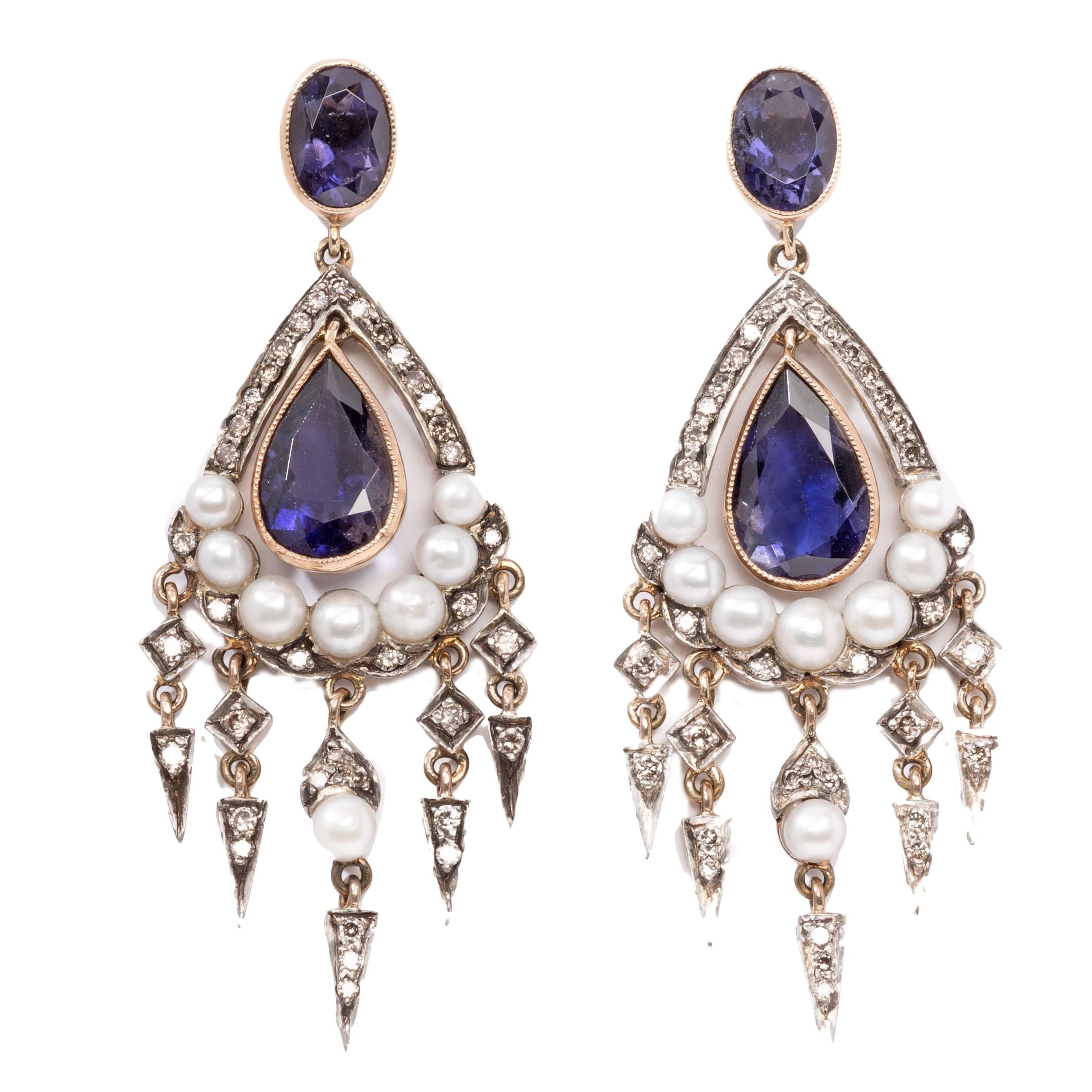 Antique Sapphire Diamond Silver Gold Dangle Earrings