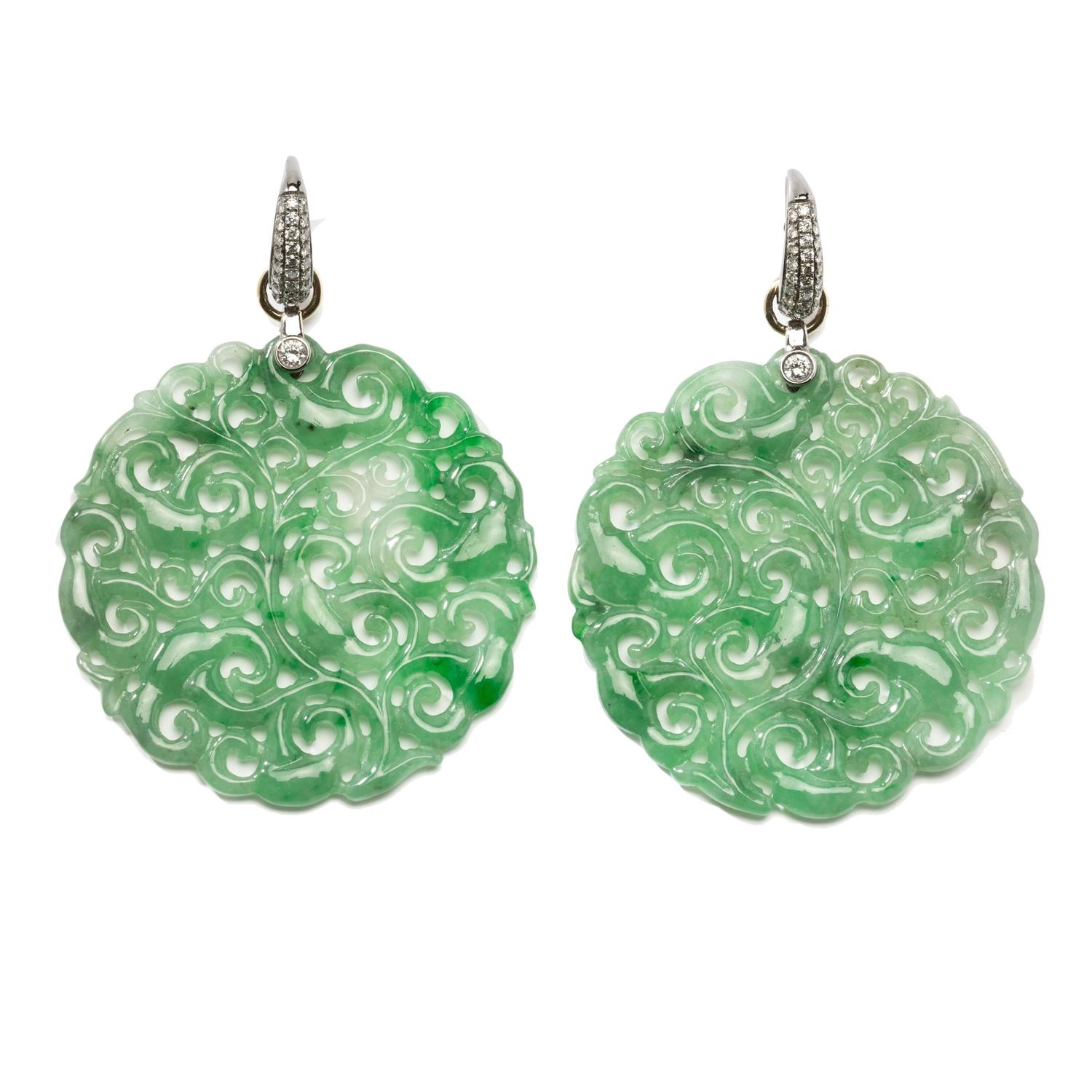 Carved Jade Diamond Gold Earrings For Sale at 1stdibs