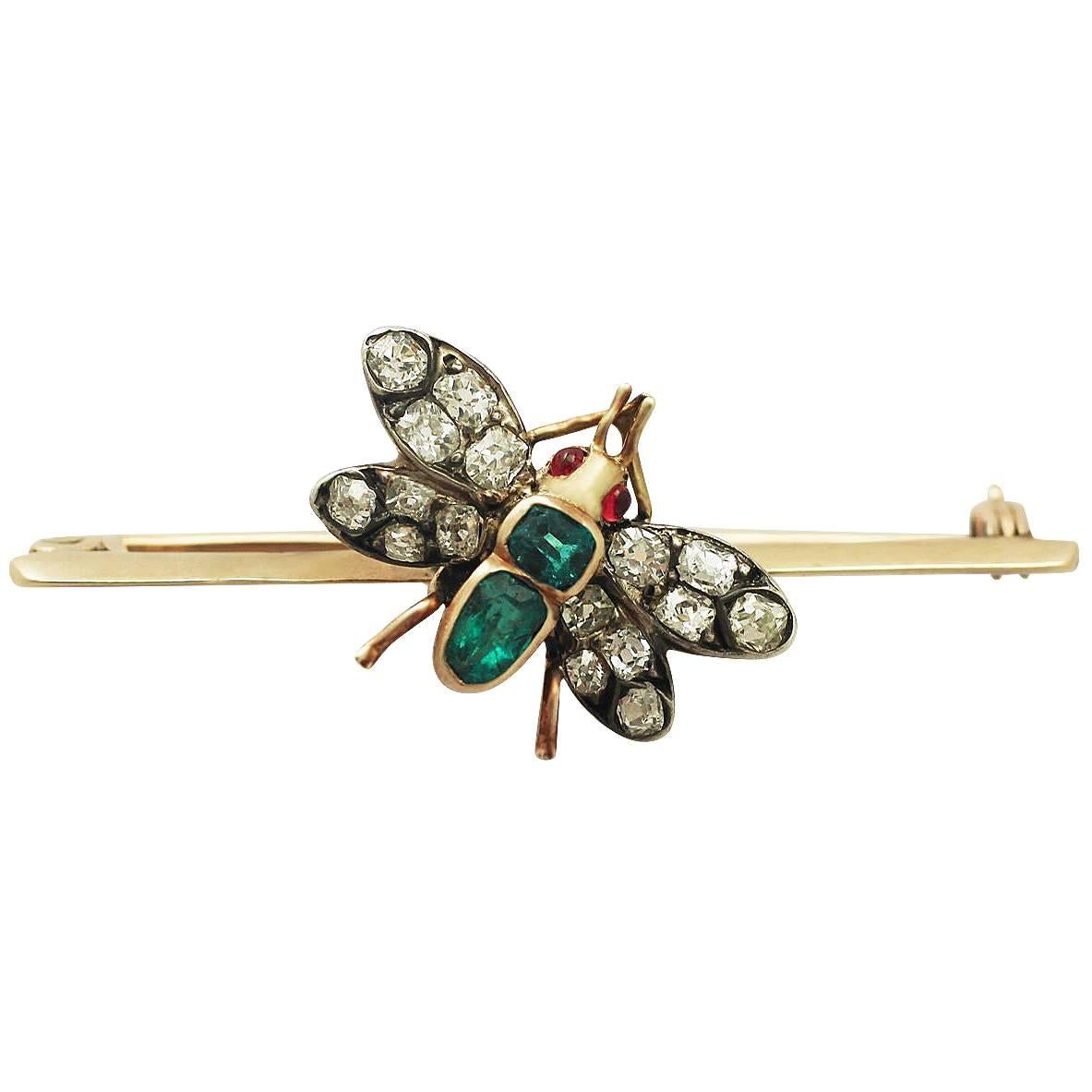 1.38Ct Diamond & 0.42Ct Emerald, 9k Yellow Gold Insect Brooch - Antique
