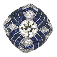  Old European Cut Diamond Sapphire Platinum Ring 