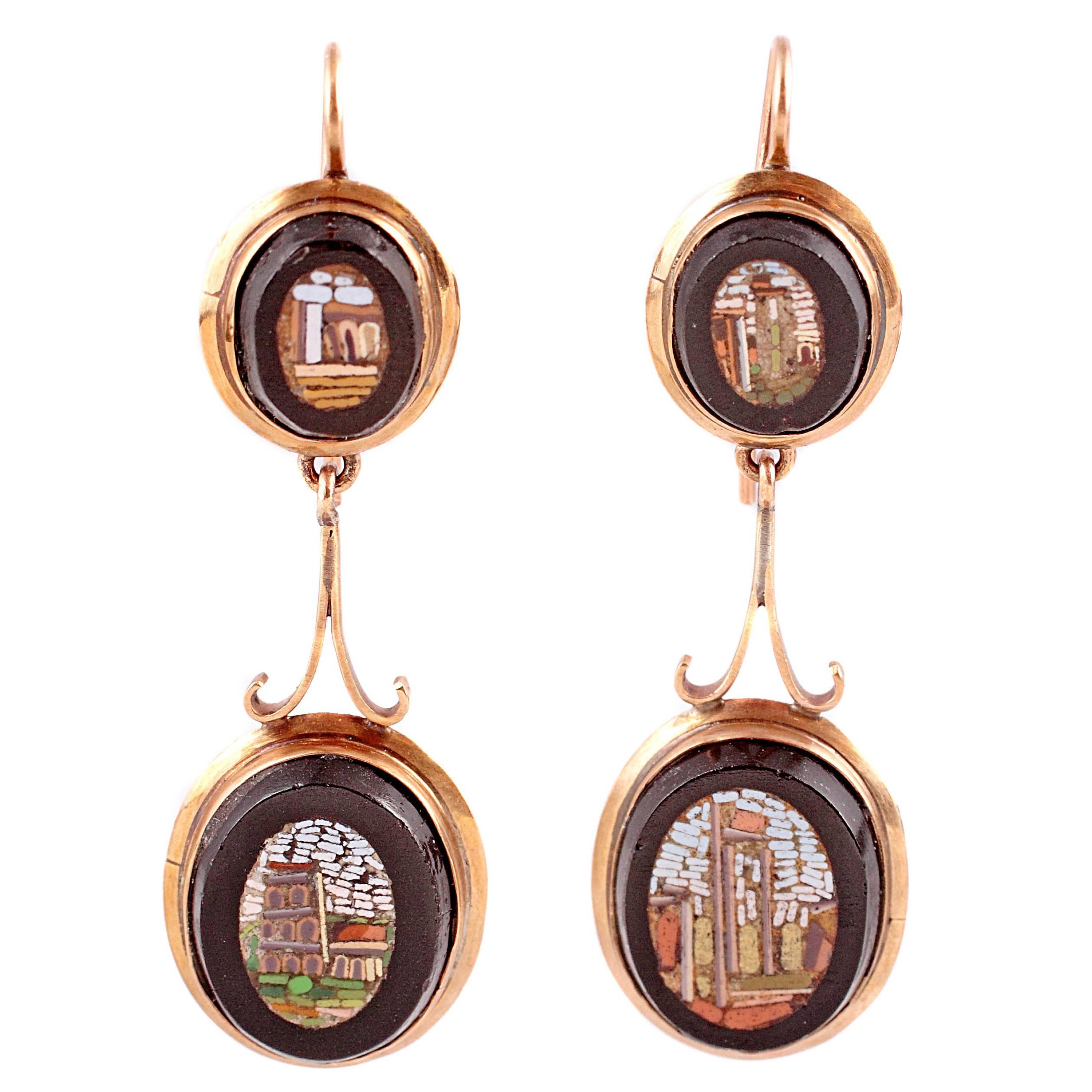 Early 20th Century Italian Mosaic Gold Drop Earrings