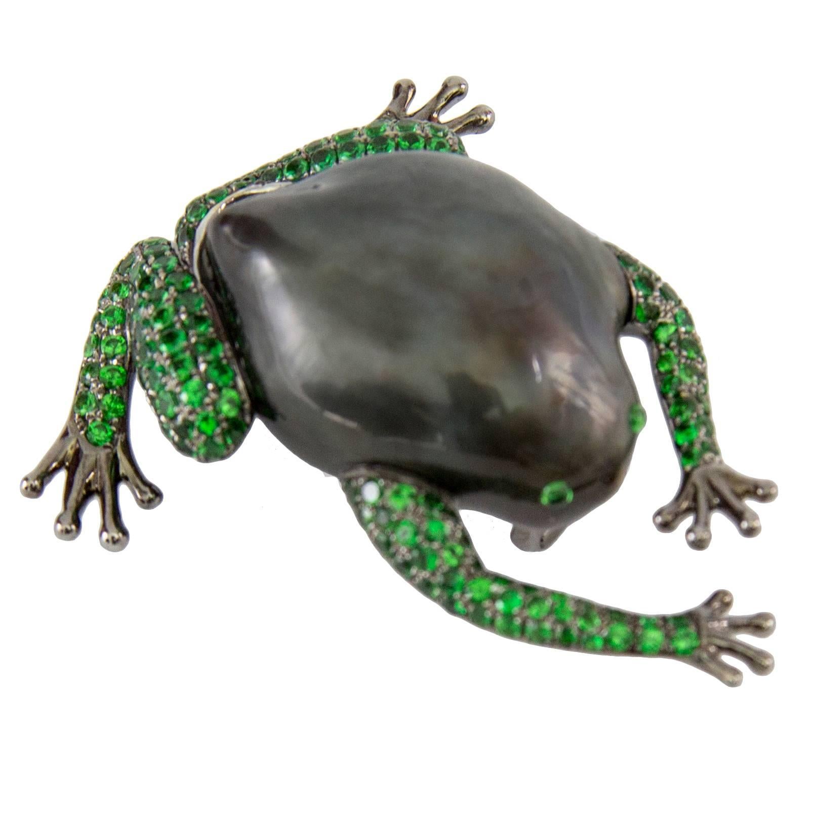Tahitian South Sea Pearl Tsavorite Garnet Gold Frog Statement Brooch Pin 