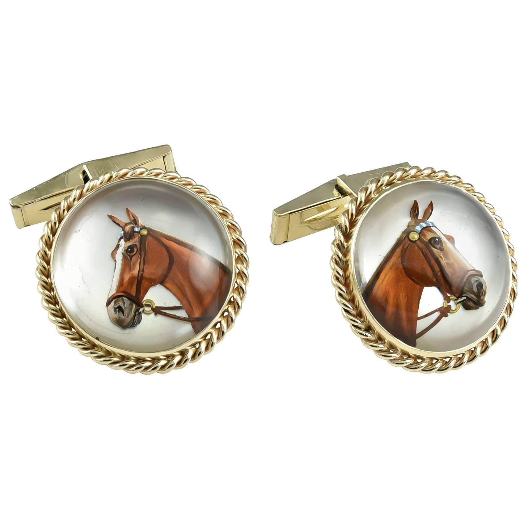 Large Reverse Crystal  Gold Horse Cufflinks For Sale