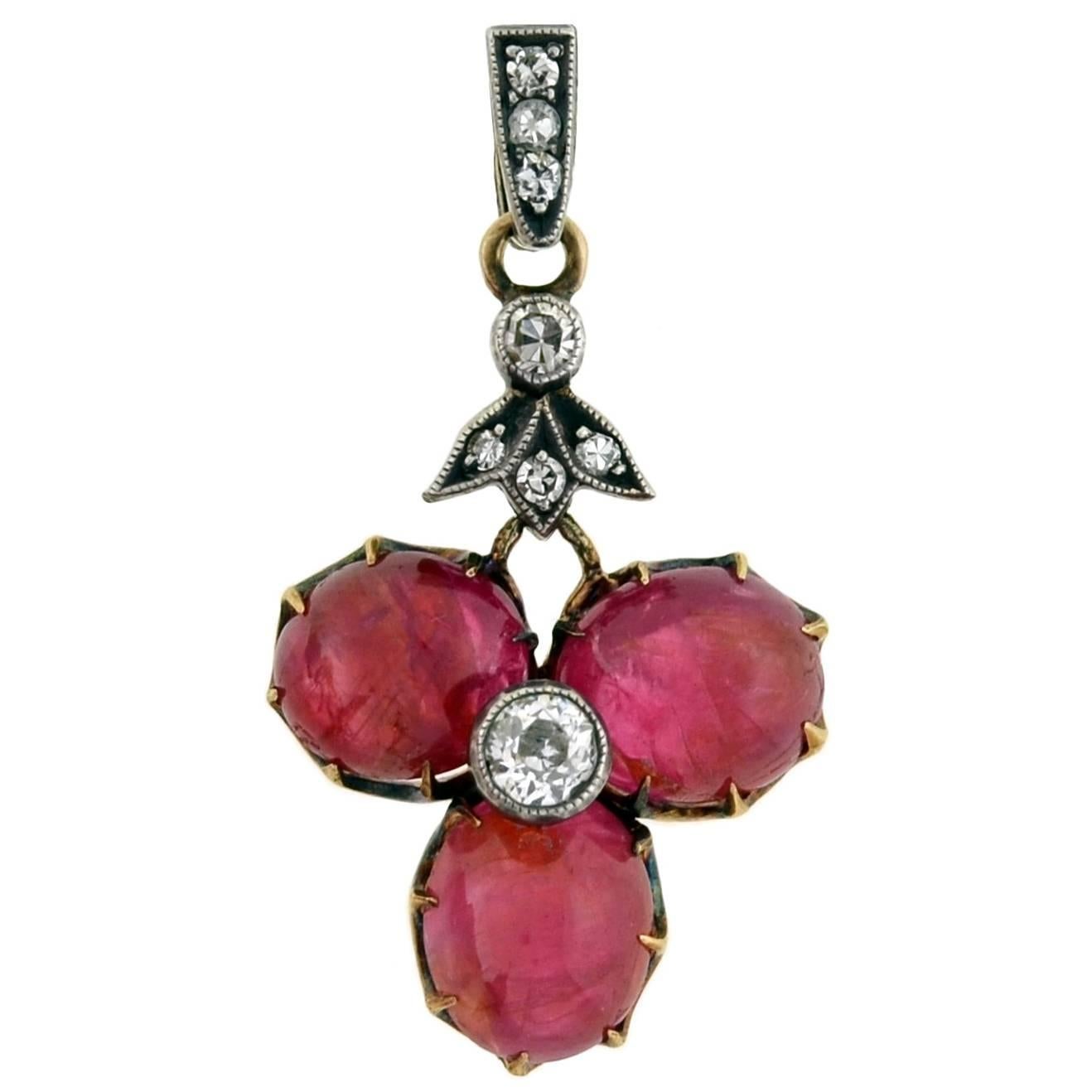 Victorian Ruby Diamond Silver Gold Trefoil Pendant