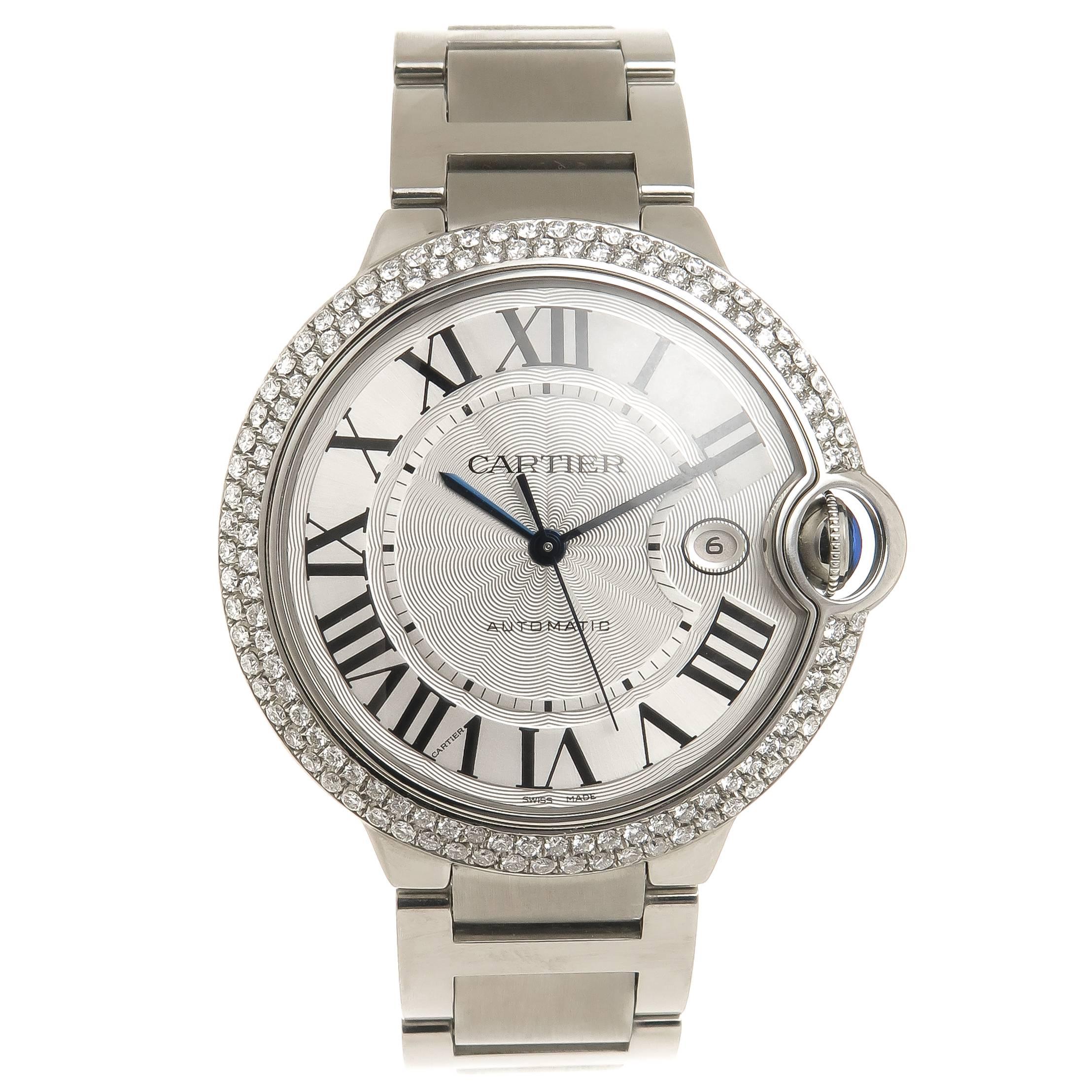 Cartier Stainless Steel Diamond Ballon Bleu Automatic Wristwatch
