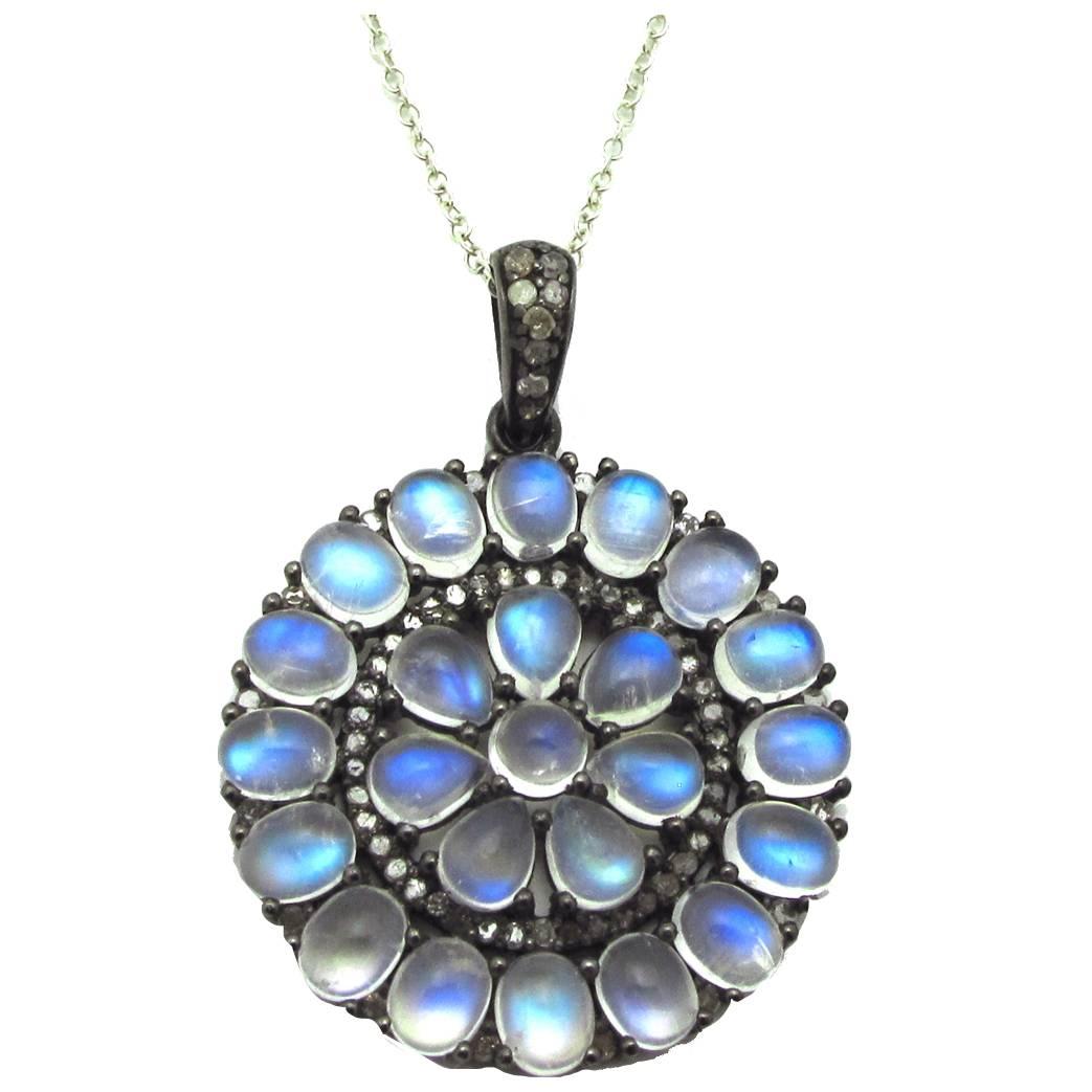 Moonstone Oxidized Sterling Silver Pendant with Rose-Cut Diamond Bale