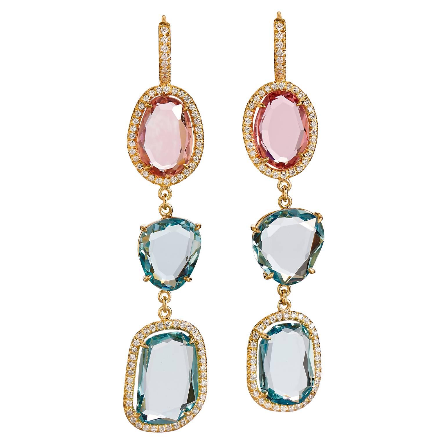 17.02 Carat Aquamarine Pink Tourmaline Slices Diamond Gold Drop Earrings