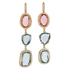 Aquamarine Pink Tourmaline Slice Gold Drop Earrings 10