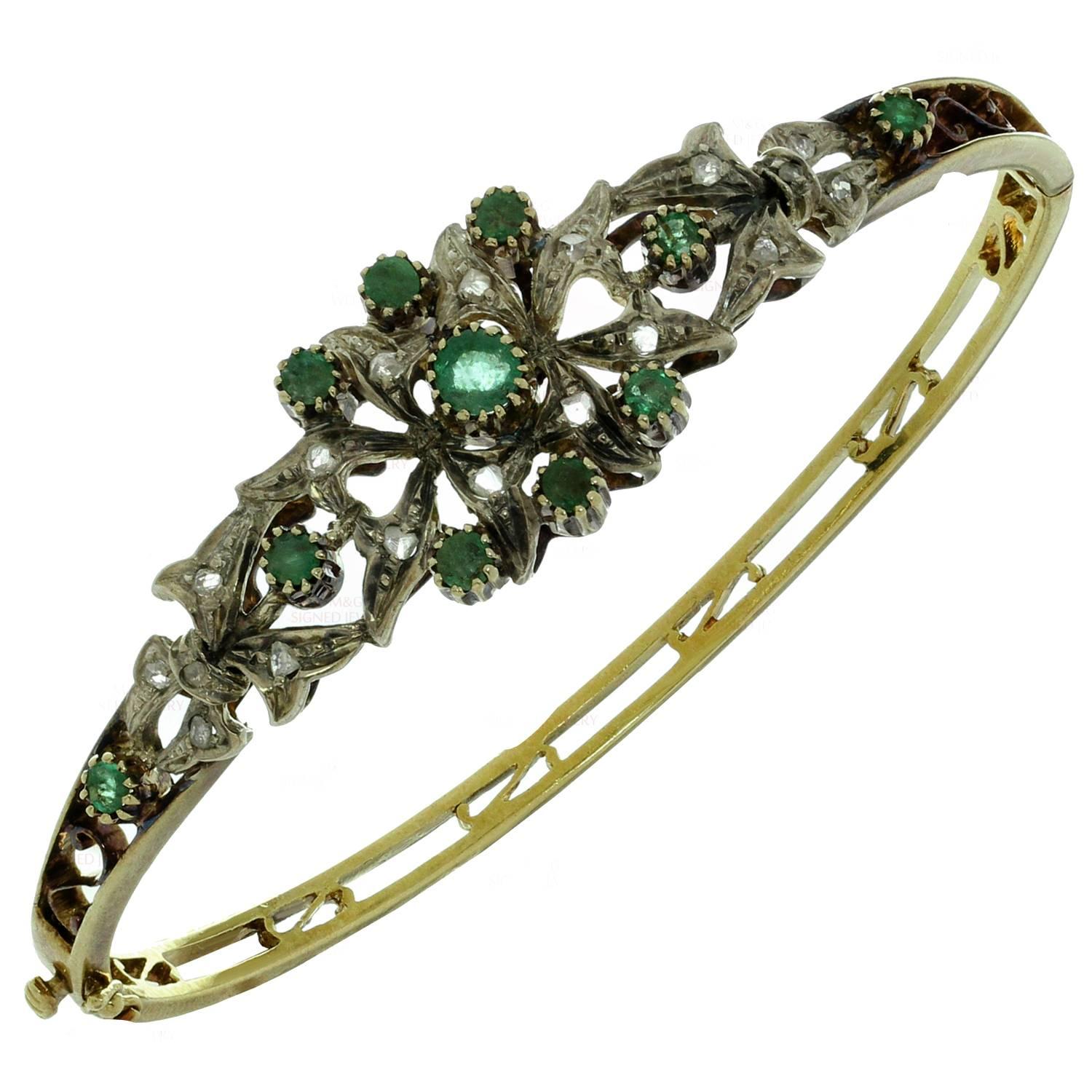 1950s Emerald Rose-Cut Diamond 18k Gold  Sterling Silver  Bracelet