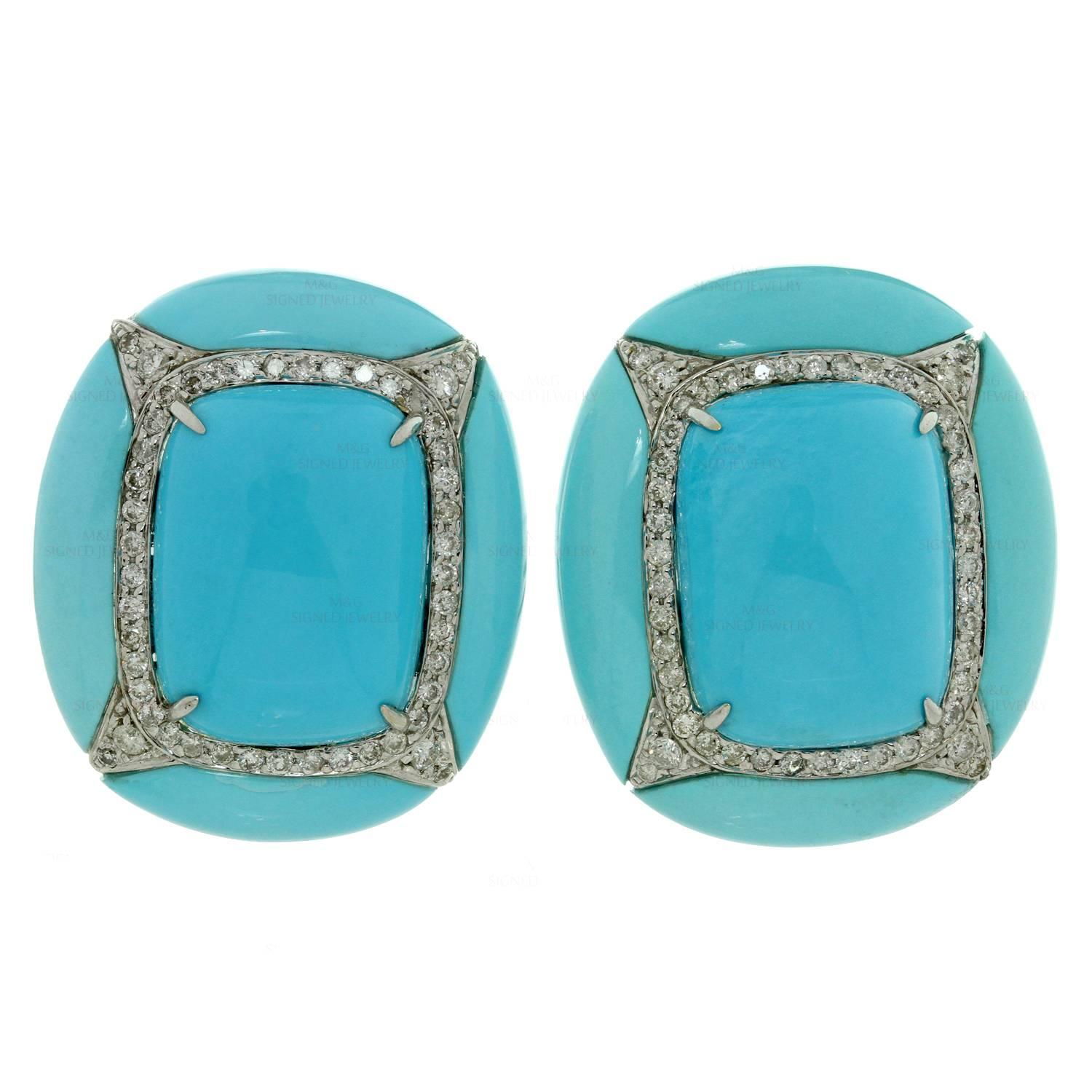 Diamond Turquoise Gold Clip-on Earrings For Sale