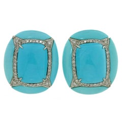Vintage Diamond Turquoise Gold Clip-on Earrings