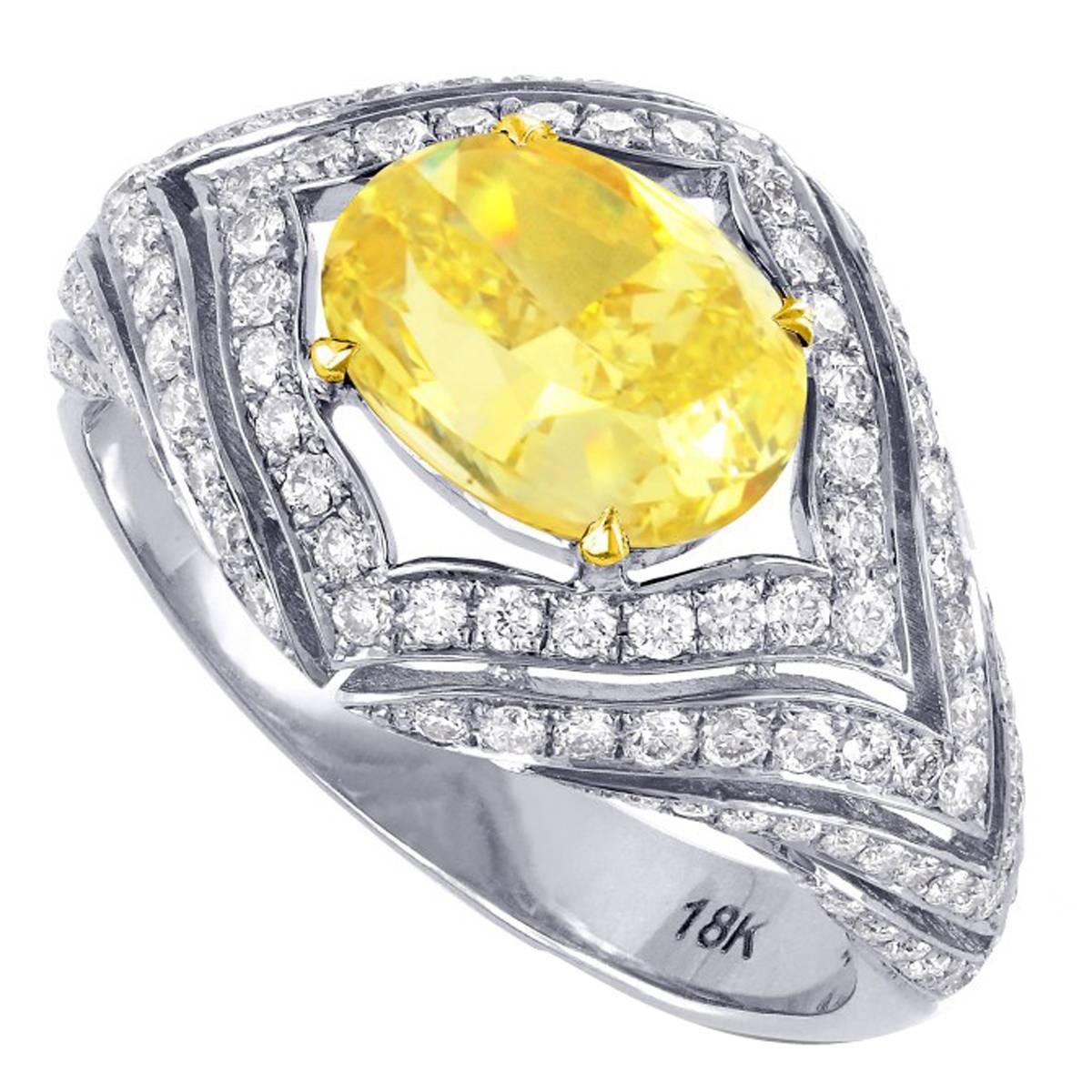 2.24 Carat GIA Cert Oval Shape Natural Fancy Intense Yellow Diamond Gold Ring For Sale