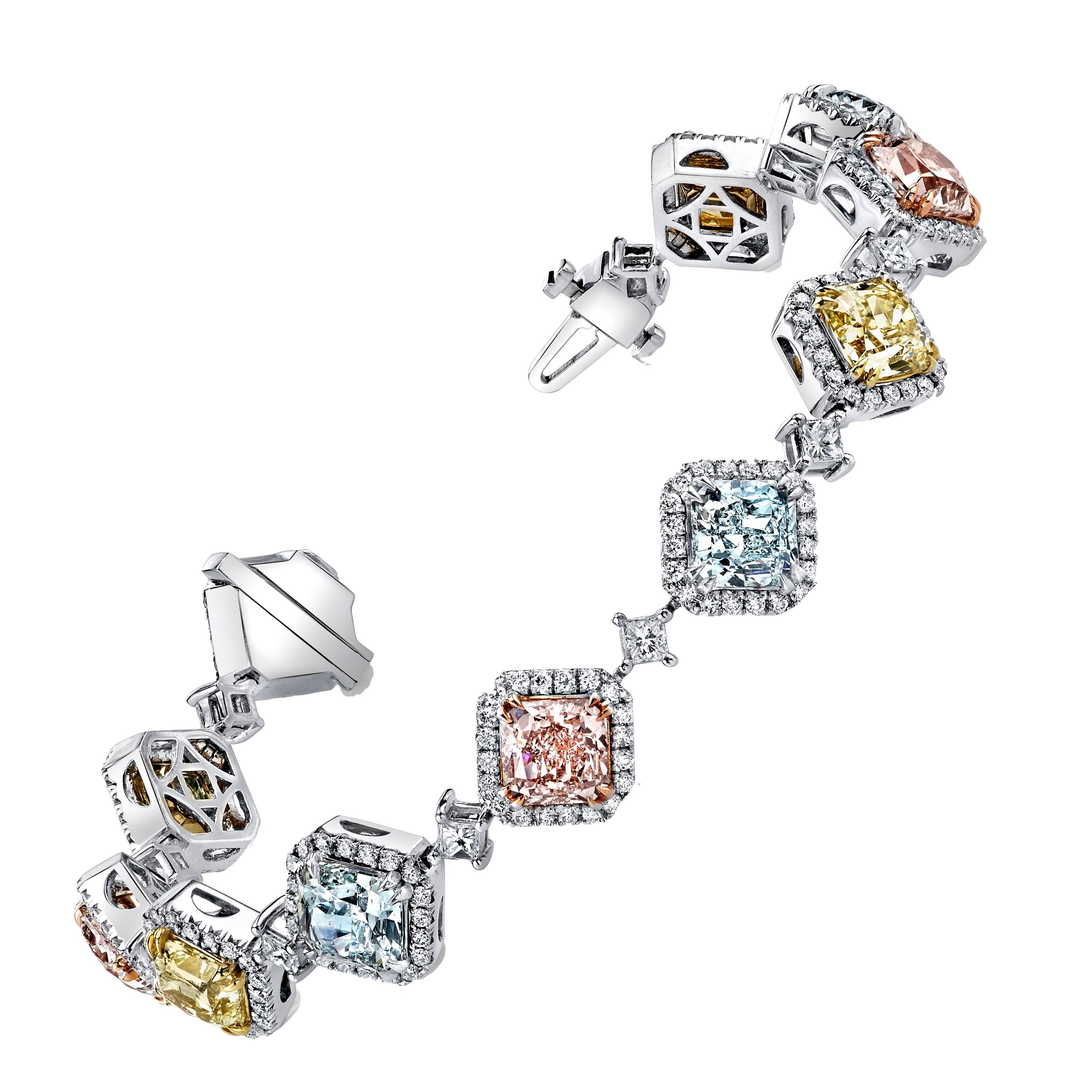 Natural Fancy Colored Pink Blue and Canary Yellow Diamond Platinum Bracelet For Sale