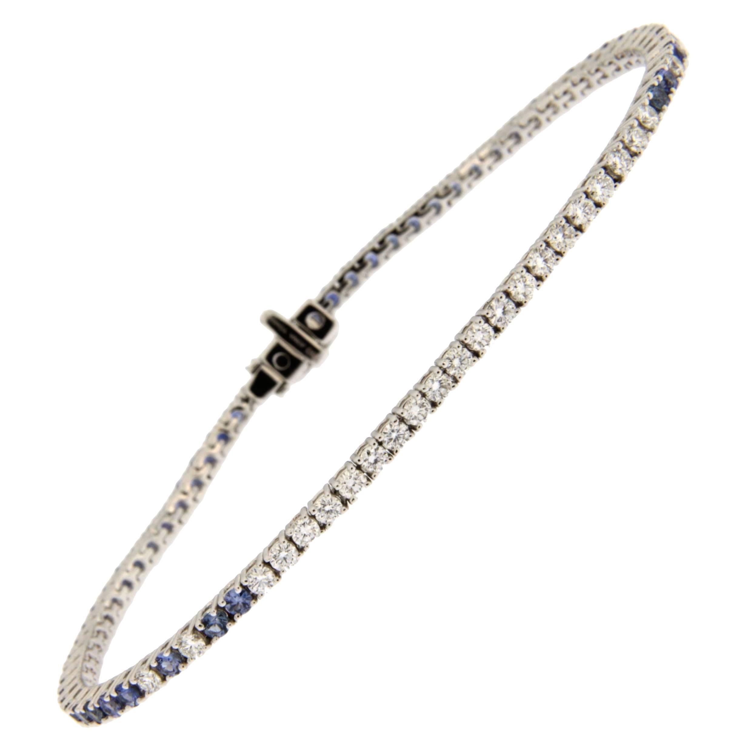 Jona Blue Sapphire White Diamond 18 Karat White Gold Tennis Bracelet