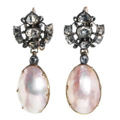 18th Century Blister Pearl Diamond Silver Gold Earrings