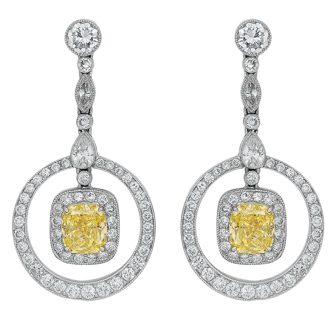 Canary Diamond Platinum Drop Earrings For Sale