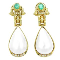 Retro Mabe Pearl Emerald Diamond Gold Teardrop Earrings