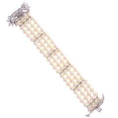 1960s Pearl Diamond Platinum 4-Strand Bracelet
