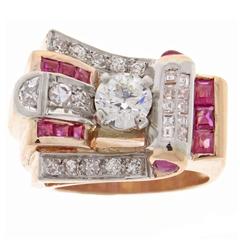 1950s Retro Ruby Diamond Gold Platinum Ring