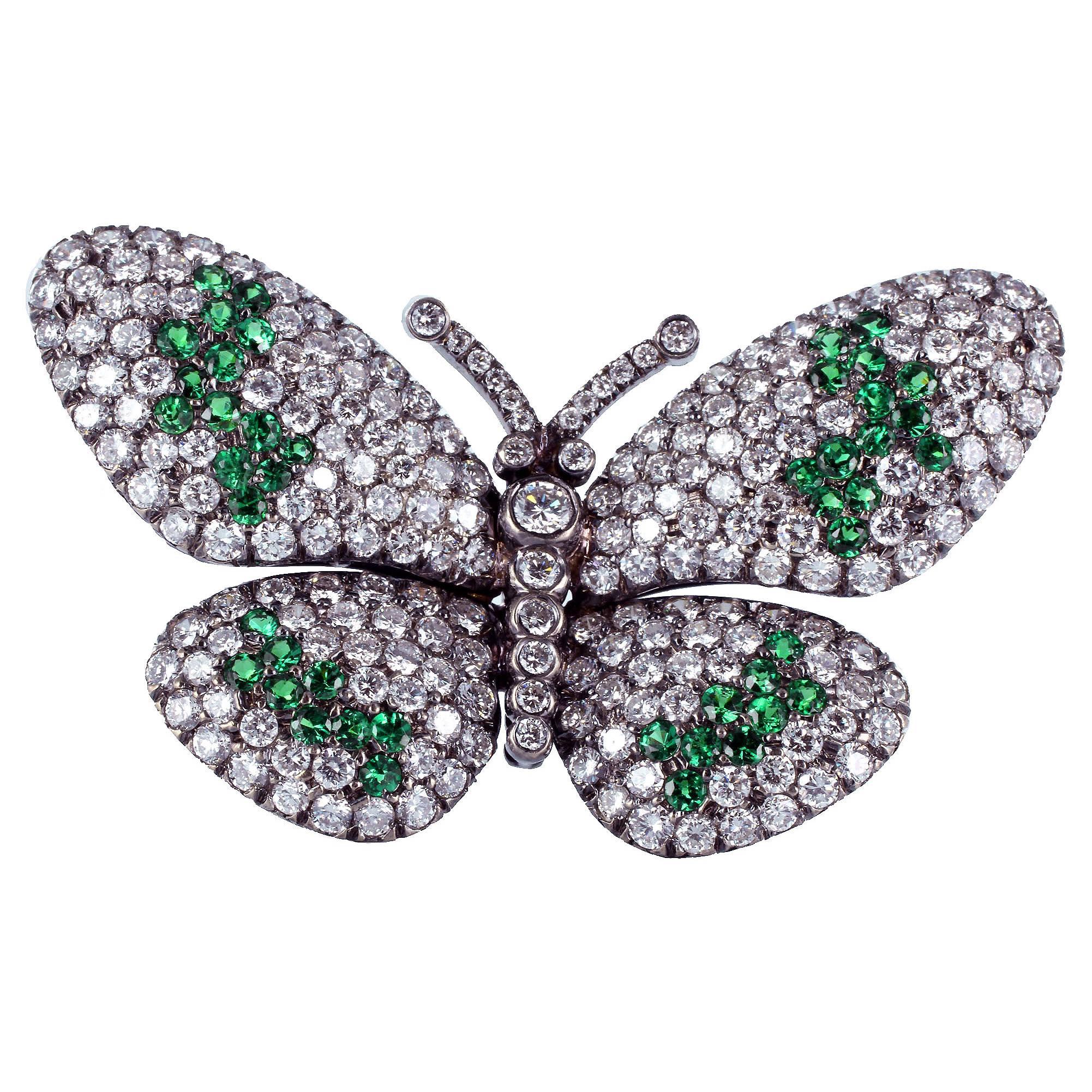 Tsavorite Diamond Rhodium Gold Butterfly Pin For Sale