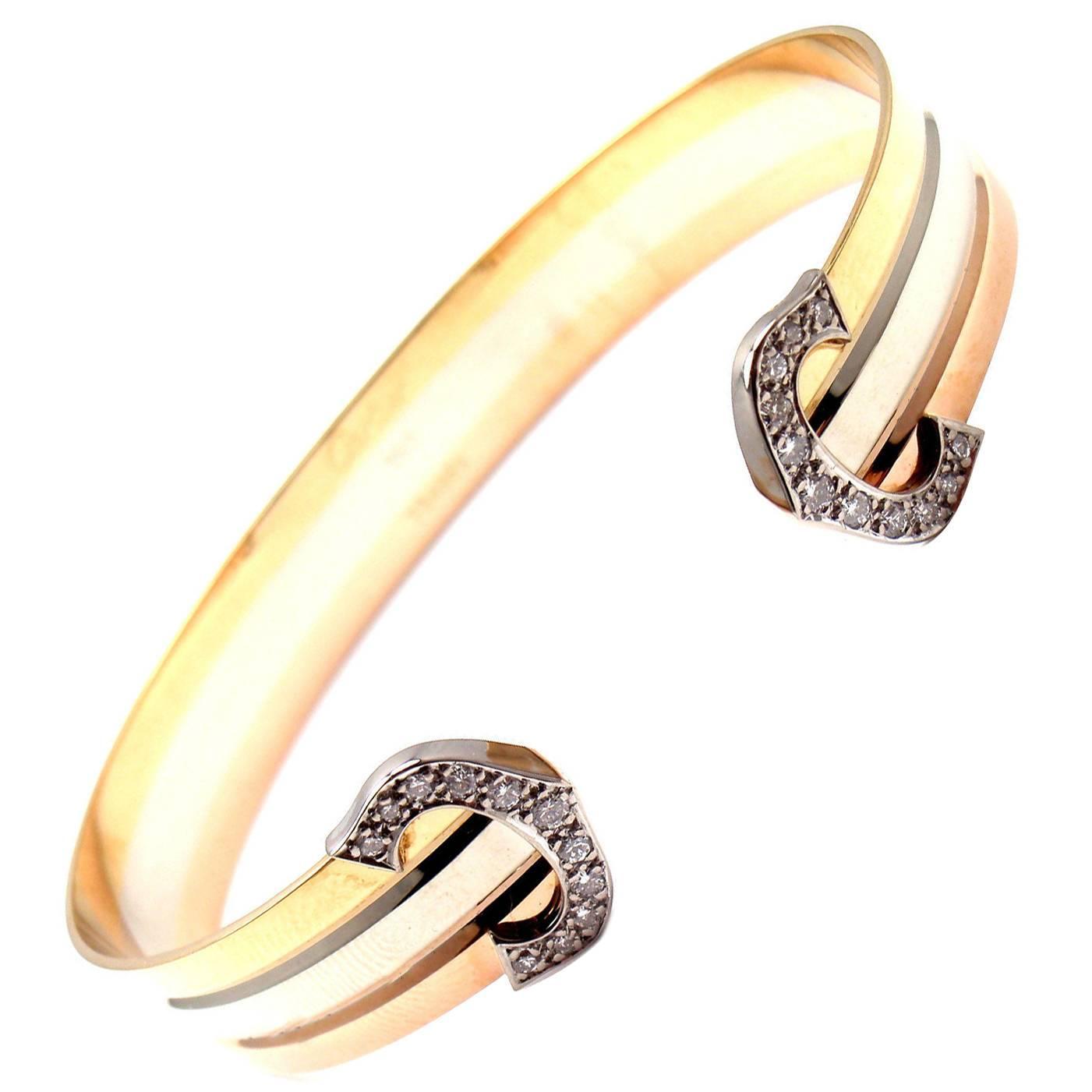 Cartier Diamond Tricolor Gold Double C Cuff Bangle Bracelet at 1stdibs