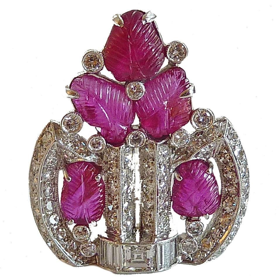 1920s Burma Ruby Diamond Platinum Clip Brooch For Sale